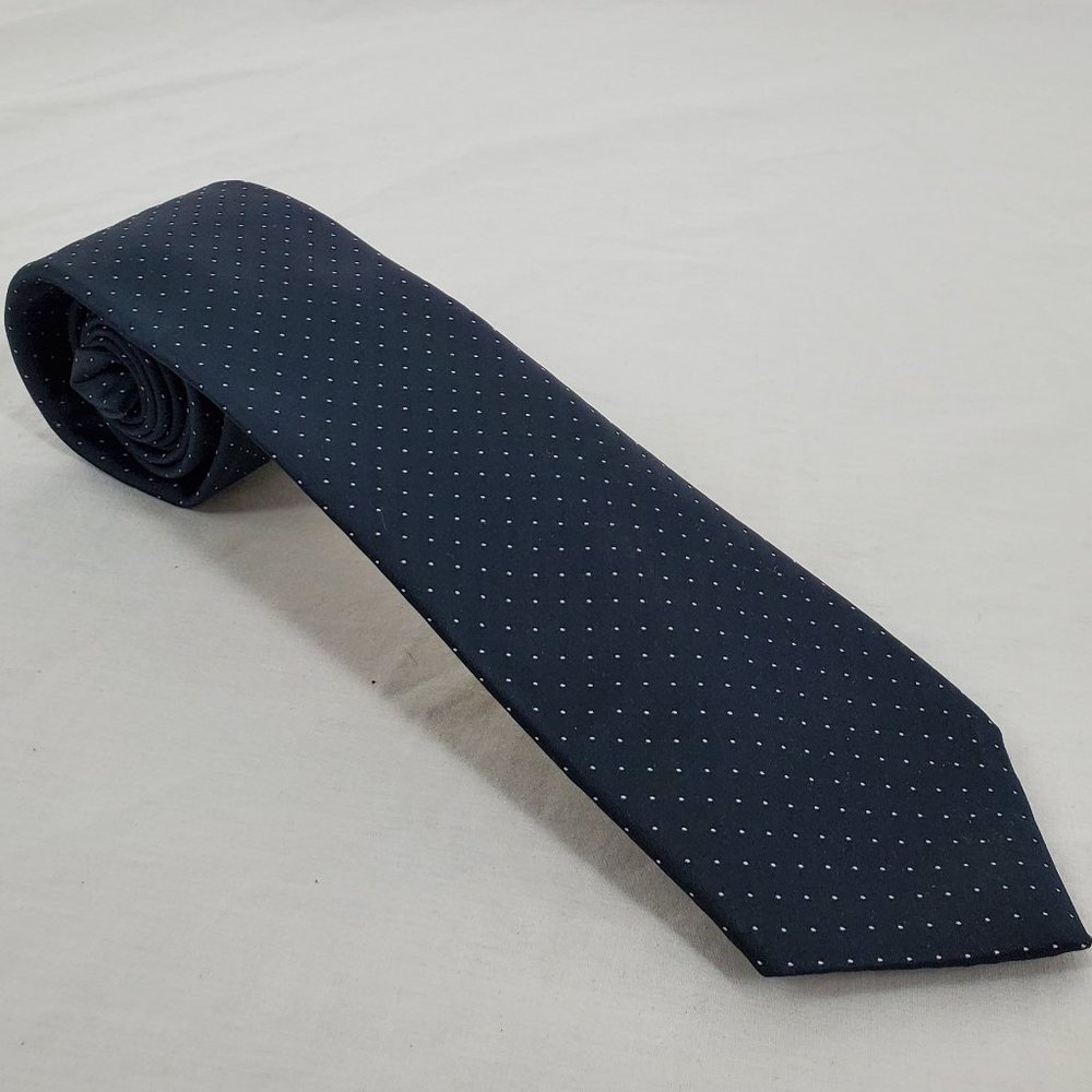 Vintage Corniche Imported Polyester Necktie Blue with White Micro Dots
